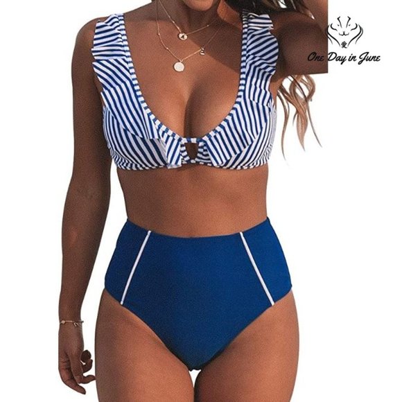 Cupshe Other - Striped Ruffled High Waisted Bikini